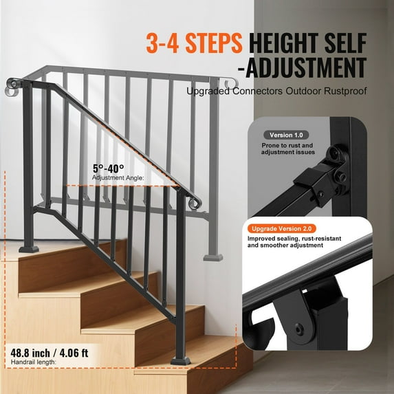 Strong Metal Outdoor Stair Handrail for 3-4 Steps, Arch Support Rail for Elderly and Safety, Easy No-Drill Installation, Black