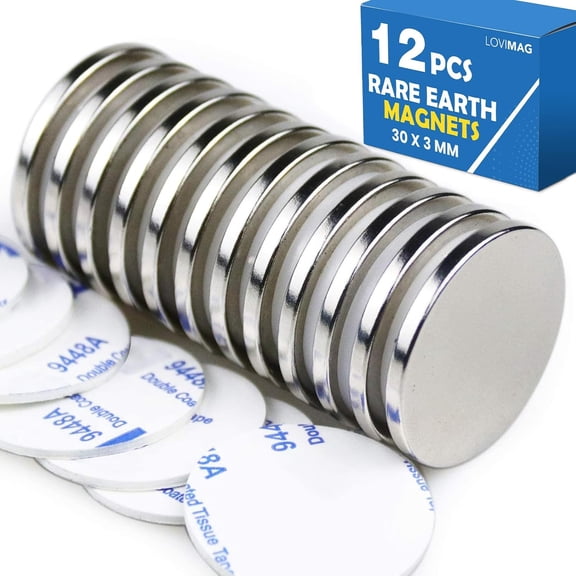 Strong Neodymium Disc Magnets, Rare Earth Magnet with Double-Sided Adhesive for Fridge, DIY, Building, Scientific, Craft, and Office Magnets - 1.26 inch x 1/8 inch, Pack of 12