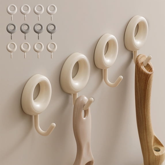 Strong Non-Drilling Wall Hooks, Heavy Duty No Marking Hanging Hooks for Bathroom, Kitchen, Bedroom, Clothes & Towels, 4-Pack, White/Gray/Beige