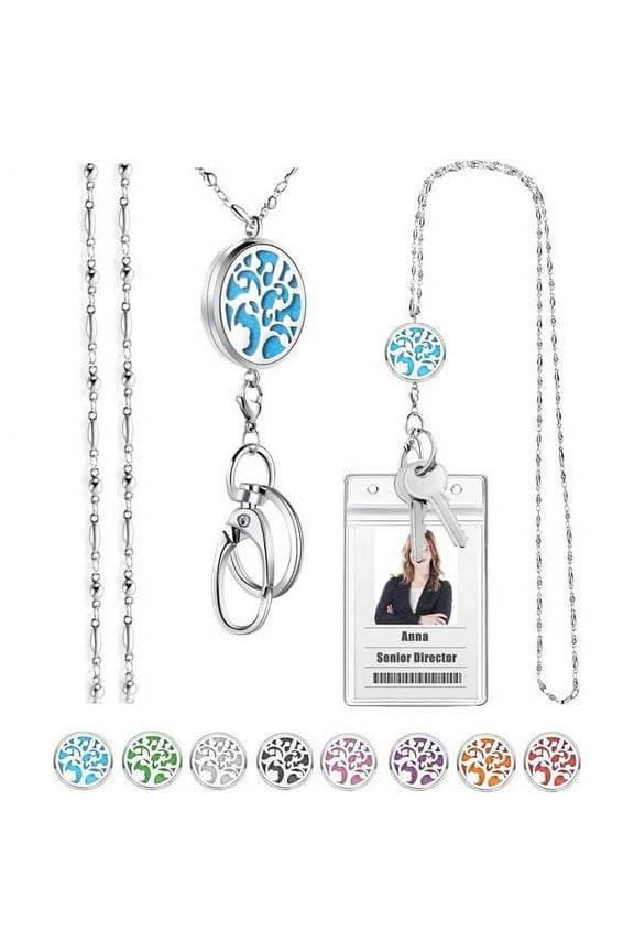 Strong Pretty Lanyard Necklace for ID Badges Holder and Keys for Women Stainless Steel Diffuser Metal Lanyard Necklace Silver Chain with Badge Clip for Teachers Nurse Tree of life 4