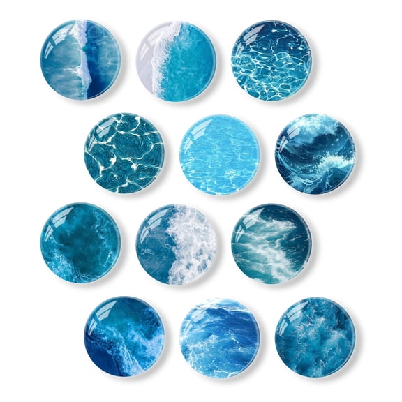 Strong Refrigerator Magnet Fridge Sticker, Coastal Blue Sea Refrigerator Magnets, 12Pcs Beautiful Photo Decorative Magnet Set, Small Round Crystal Glass Craftwork for Refrigerator Decor