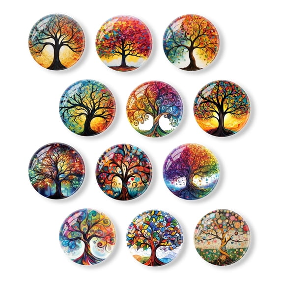 Strong Refrigerator Magnet Fridge Sticker, Colorful Tree of Life Glass Fridge Magnets, 12Pcs Beautiful Photo Decorative Magnet Set, Small Round Crystal Glass Craftwork for Refrigerator Decor