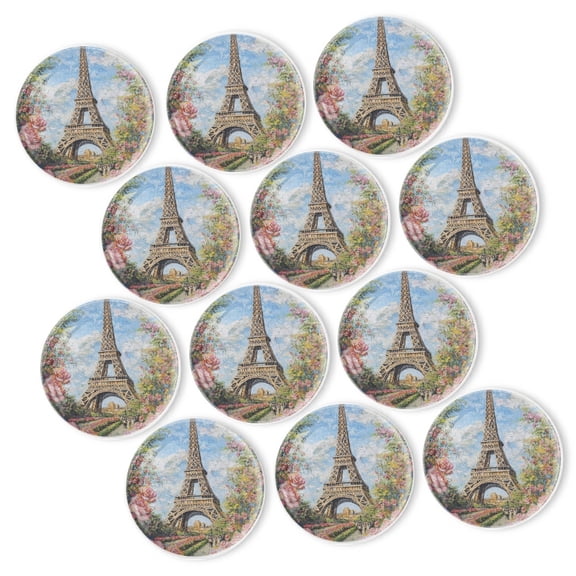 Strong Refrigerator Magnet Fridge Sticker, The Eiffel Tower Under The Blue Sky 12Pcs Beautiful Photo Decorative Magnet Set, Small Round Crystal Glass Craftwork for Refrigerator Decor