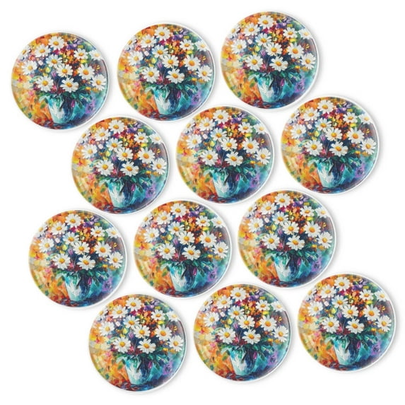 Strong Refrigerator Magnet Fridge Sticker, Gorgeous Daisy - Bouquet Canvas 12Pcs Beautiful Photo Decorative Magnet Set, Small Round Crystal Glass Craftwork for Refrigerator Decor