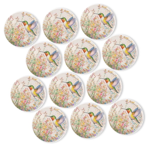 Strong Refrigerator Magnet Fridge Sticker, Gorgeous Flower - Surrounded Hummingbird 12Pcs Beautiful Photo Decorative Magnet Set, Small Round Crystal Glass Craftwork for Refrigerator Decor