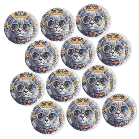 Strong Refrigerator Magnet Fridge Sticker, Gorgeous Pattern - Adorned Cat 12Pcs Beautiful Photo Decorative Magnet Set, Small Round Crystal Glass Craftwork for Refrigerator Decor