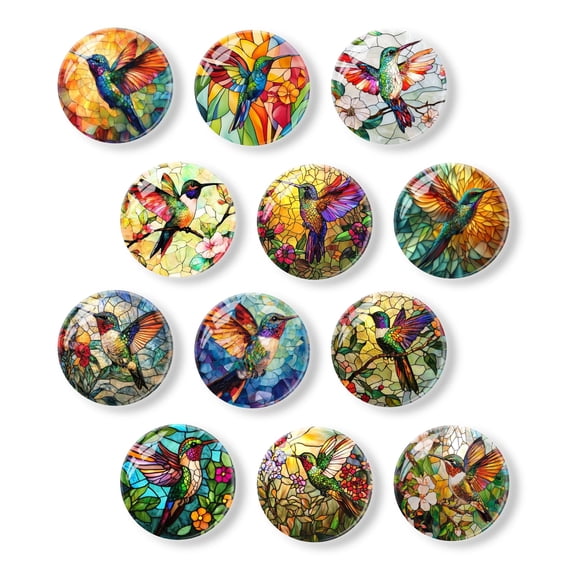 Strong Refrigerator Magnet Fridge Sticker, Stained Glass Hummingbird Fridge Magnets, 12Pcs Beautiful Photo Decorative Magnet Set, Small Round Crystal Glass Craftwork for Refrigerator Decor
