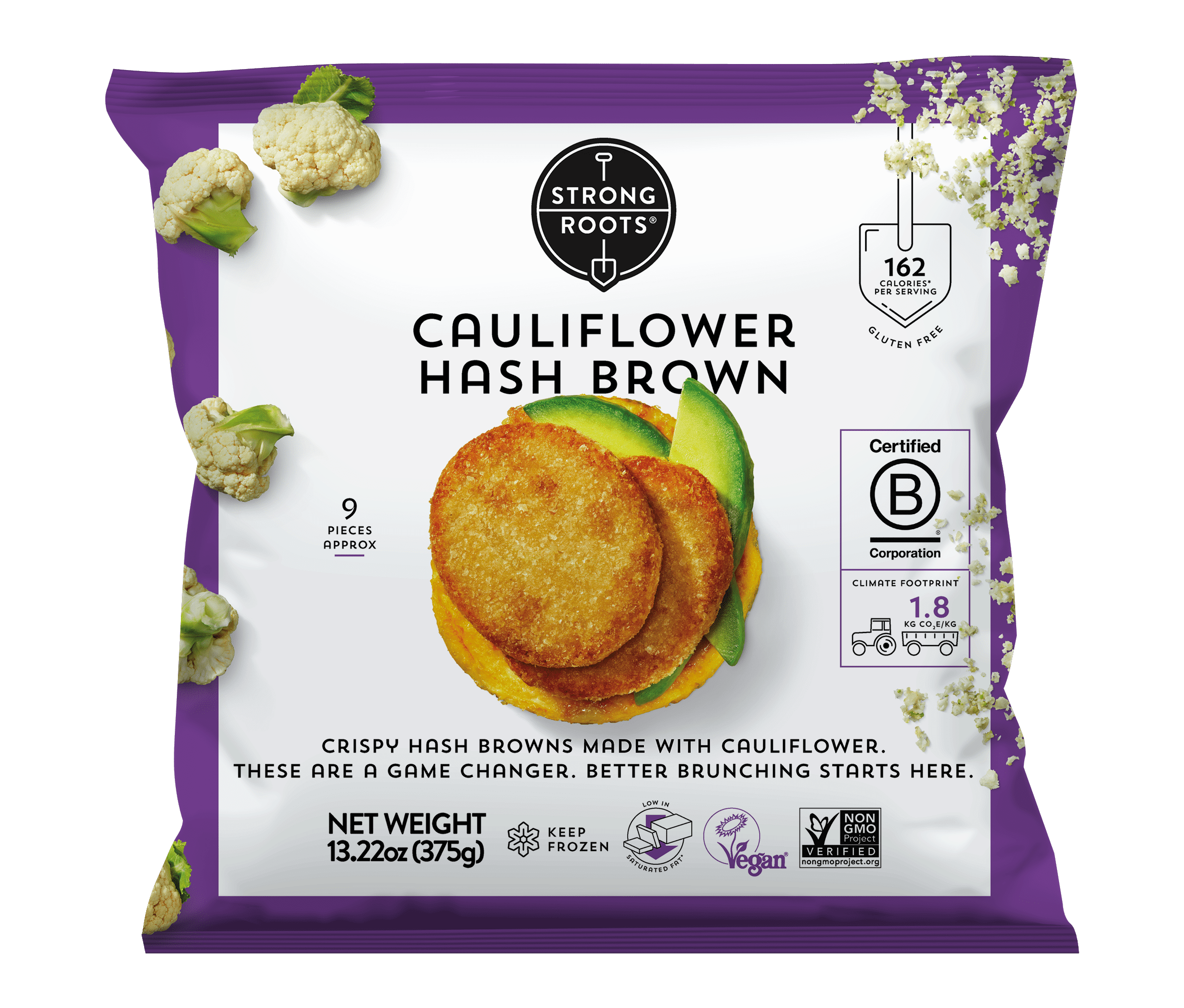 Strong Roots Cauliflower Hash Brown Patties, Vegan and Gluten Free, 13.22 oz (Frozen)