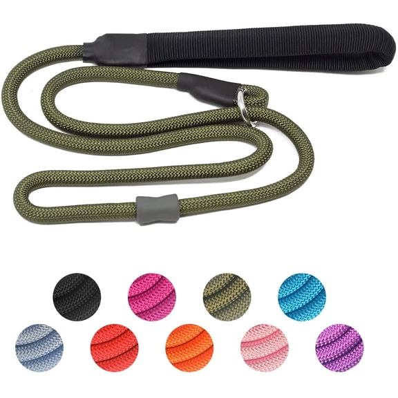 Strong Slip Rope Dog Training Leash (4ft) - Heavy Duty Durable Braided Nylon Lead with Rubber Stopper & Padded Handle, Large Medium Small Dogs Durable No Pull Walk Leash (Army Green, 1/2" x 4ft)