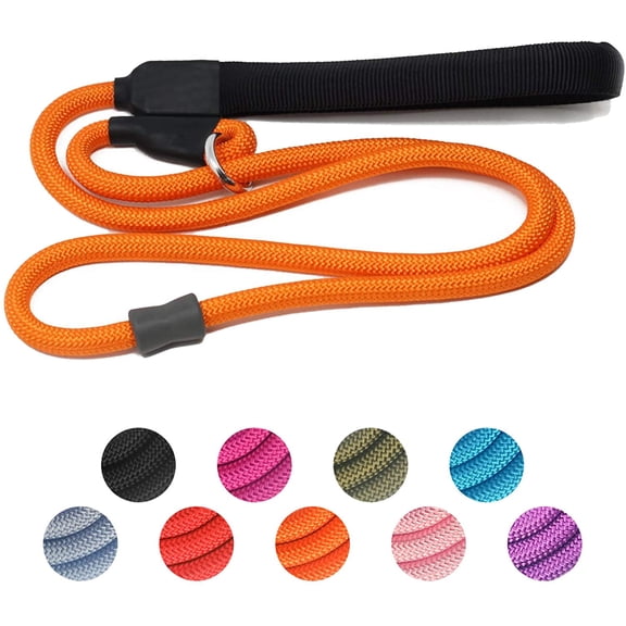 Strong Slip Rope Dog Training Leash (4ft) - Heavy Duty Durable Braided Nylon Lead with Rubber Stopper & Padded Handle - Large Medium Small Dogs No Pull Walk Leash (Orange, 1/2" x 4ft)