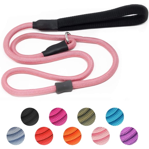 Strong Slip Rope Dog Training Leash (4ft) - Heavy Duty Durable Braided Nylon Lead with Rubber Stopper & Padded Handle - No Pull Walking for Medium Large Dogs (Pink, 1/2" x 4ft)