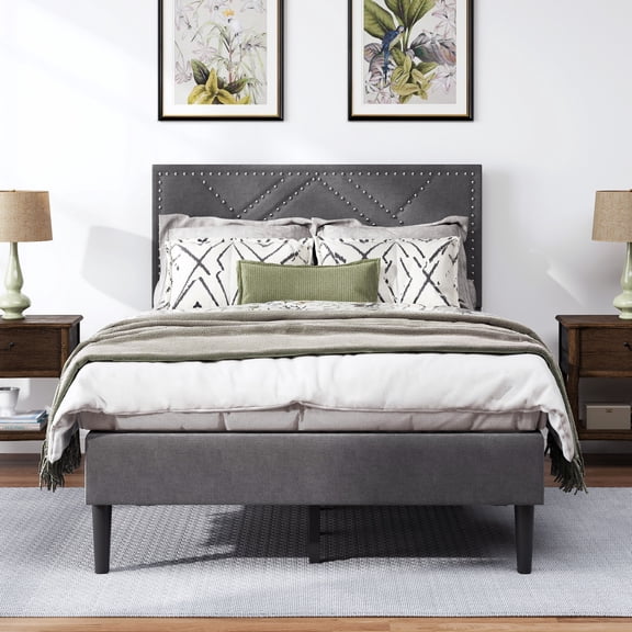 Strong & Stable Carbon Gray Full Bed Frame with Linen Storage Headboard & Under Bed Storage