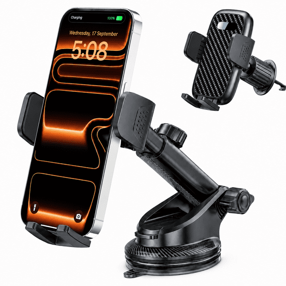 Strong Suction Car Phone Mount, 4-in-1 Adjustable Holder for Windshield Dashboard Air Vent and Desk, Universal Cell Phone Stand , Dark Black