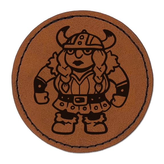 Strong Viking Barbarian Woman Norse Horned Helmet Round Iron-On Engraved Faux Leather Patch Applique - 2.5 Inch - Brown