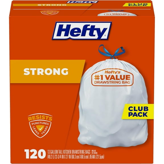 Strong White 13 Gallon Trash Bags with Drawstrings, Unscented Tall Kitchen Trash Bags, Resists Leaks, Punctures, and Tears, Durable Closure, 120 Ct.