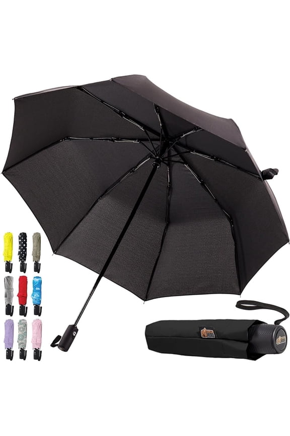 Strong Windproof Stick Compact Umbrella for Rain, One-Click Automatic Open and Close, Durable Quick Dry Waterproof Material, Lightweight and Portable, Travel Size Fits Backpack, Black