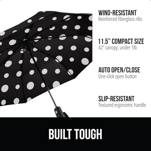 Strong Windproof Stick Compact Umbrella for Rain, One-Click Automatic Open and Close, Durable Quick Dry Waterproof Material, Lightweight and Portable, Travel Size Fits Backpack Polka Dots