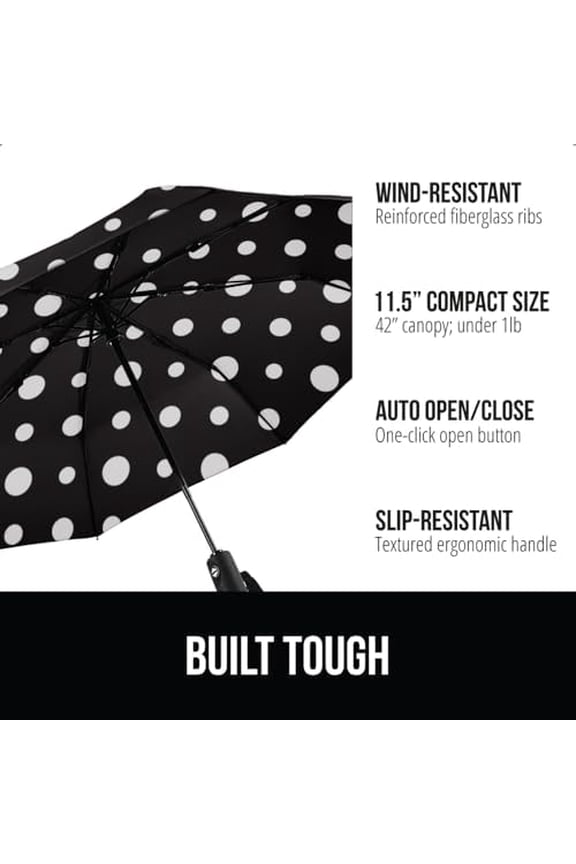 Strong Windproof Stick Compact Umbrella for Rain, One-Click Automatic Open and Close, Durable Quick Dry Waterproof Material, Lightweight and Portable, Travel Size Fits Backpack Polka Dots