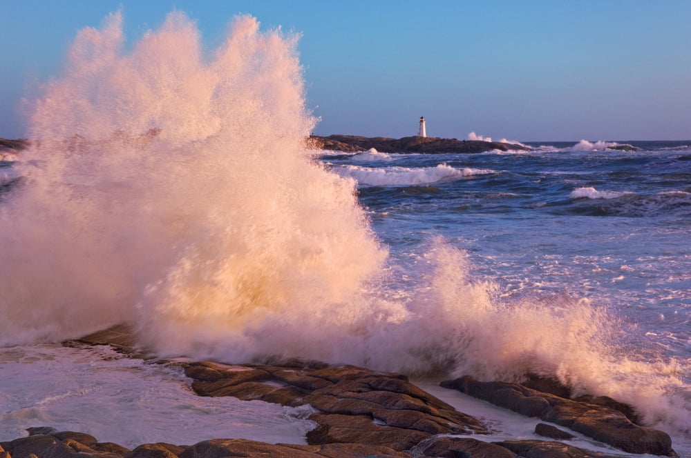 Strong Winds Blow Waves Onto Rocks In Front Of Lighthouse At Peggys Cove Nova Scotia Canvas Art - Thomas Kitchin & Victoria Hurst Design Pics (17 x 11)