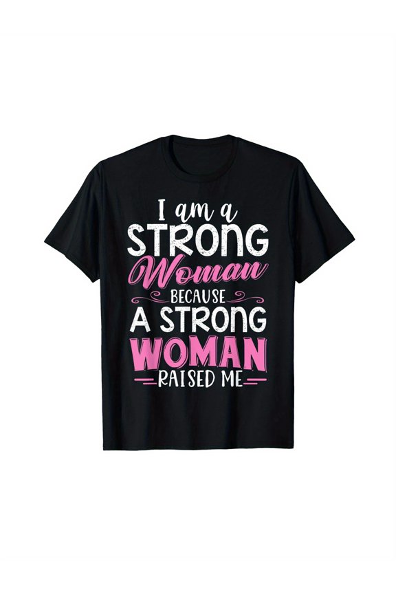 Strong Woman Graphic T-Shirt - Plus Size Black Tee with Empowering Slogan, Pink White Lettering & Geometric Pattern, Casual Round Neck Summer Top