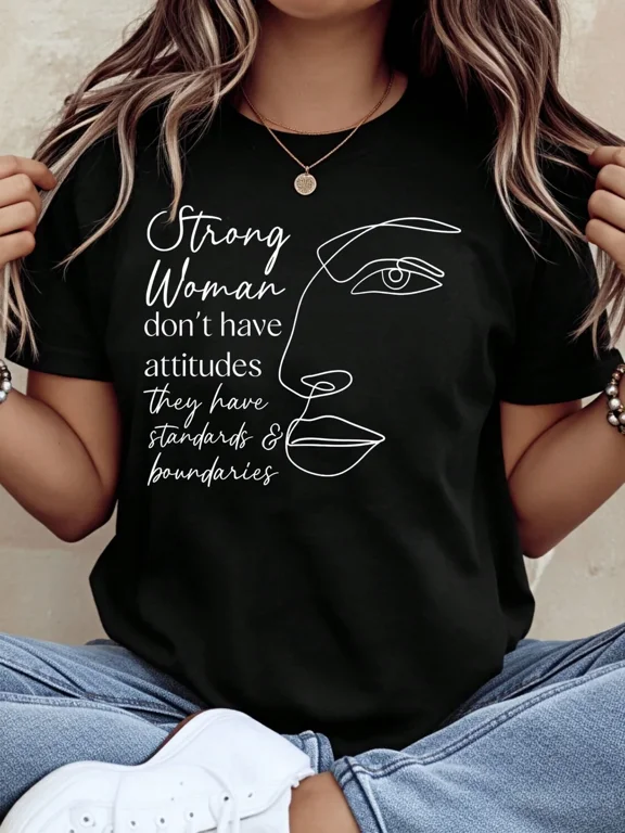 Strong Woman Standards and Boundaries Inspirational Quote Graphic T-Shirt for Women, Minimalist Line Art Face Design, Black Short Sleeve Tee