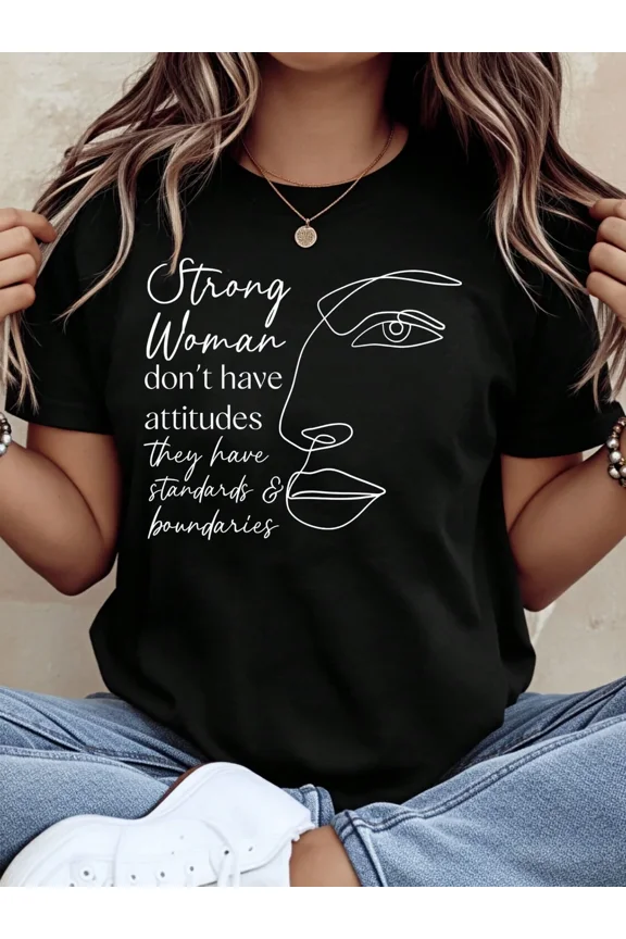 Strong Woman Standards and Boundaries Inspirational Quote Graphic T-Shirt for Women, Minimalist Line Art Face Design, Black Short Sleeve Tee