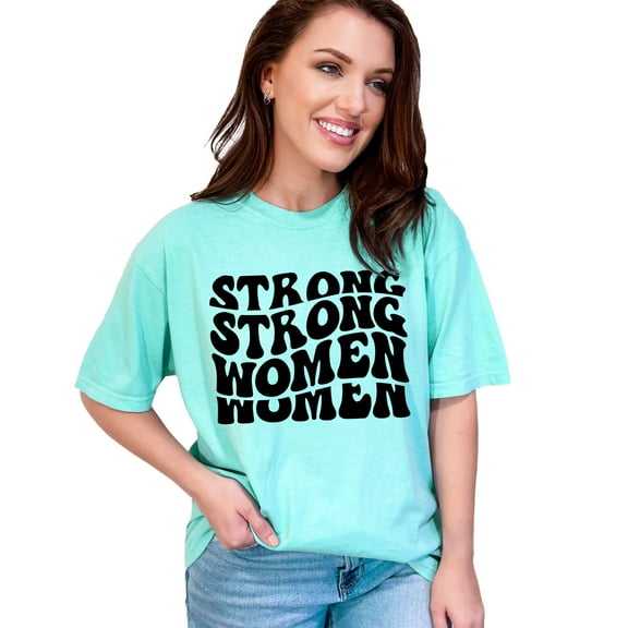 Strong Women, Female Themed, Groovy Retro Wavy Text, Chalky Mint Comfort Colors T-Shirt, Medium