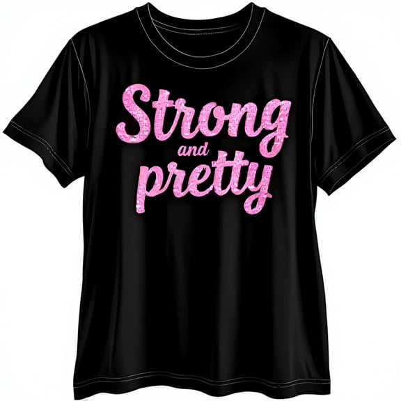 Strong and Pretty Black T-Shirt with Pink Glitter Graphic Casual Short Sleeve
