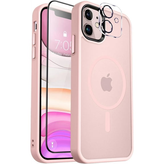 Strong  for iPhone 11 Case,[Compatible with Magsafe][Glass Screen Protector+Camera Lens Protector] Slim Thin Shockproof Cover Case for iPhone 11 6.1 inch, Pink