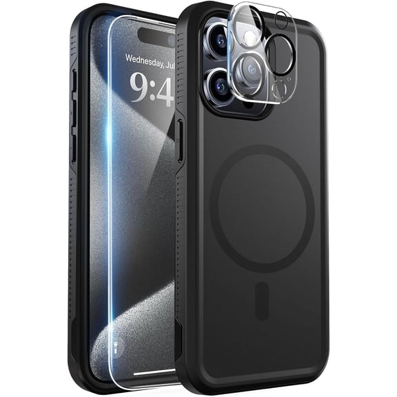 Strong  for iPhone 15 Pro Max Case, [Compatible with Magsafe] with Screen Protector and Camera Lens Protector, 2 in 1 Shockproof Matte Case for iPhone 15 ProMax 6.7 inch - Titanium Black