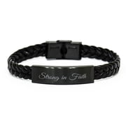 Strong in Faith Bracelet Braided Leather Christian Gift for Him Her