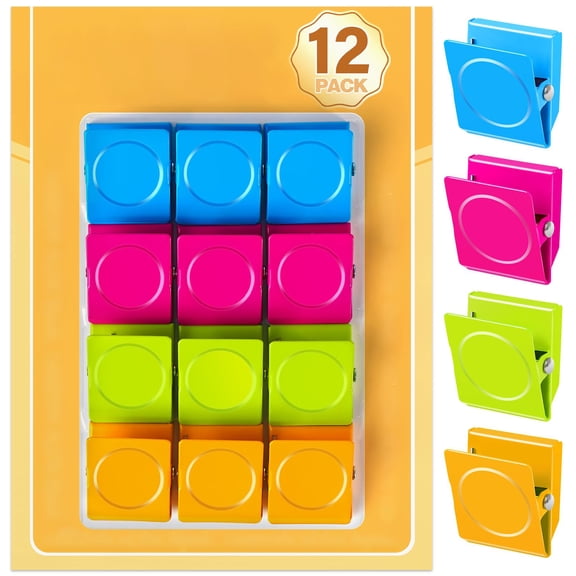 Strong magnetic clips for fridge, 12 pack heavy duty metal magnet clips, secure hold for papers, photos, notes, kitchen, classroom, office, multicolor