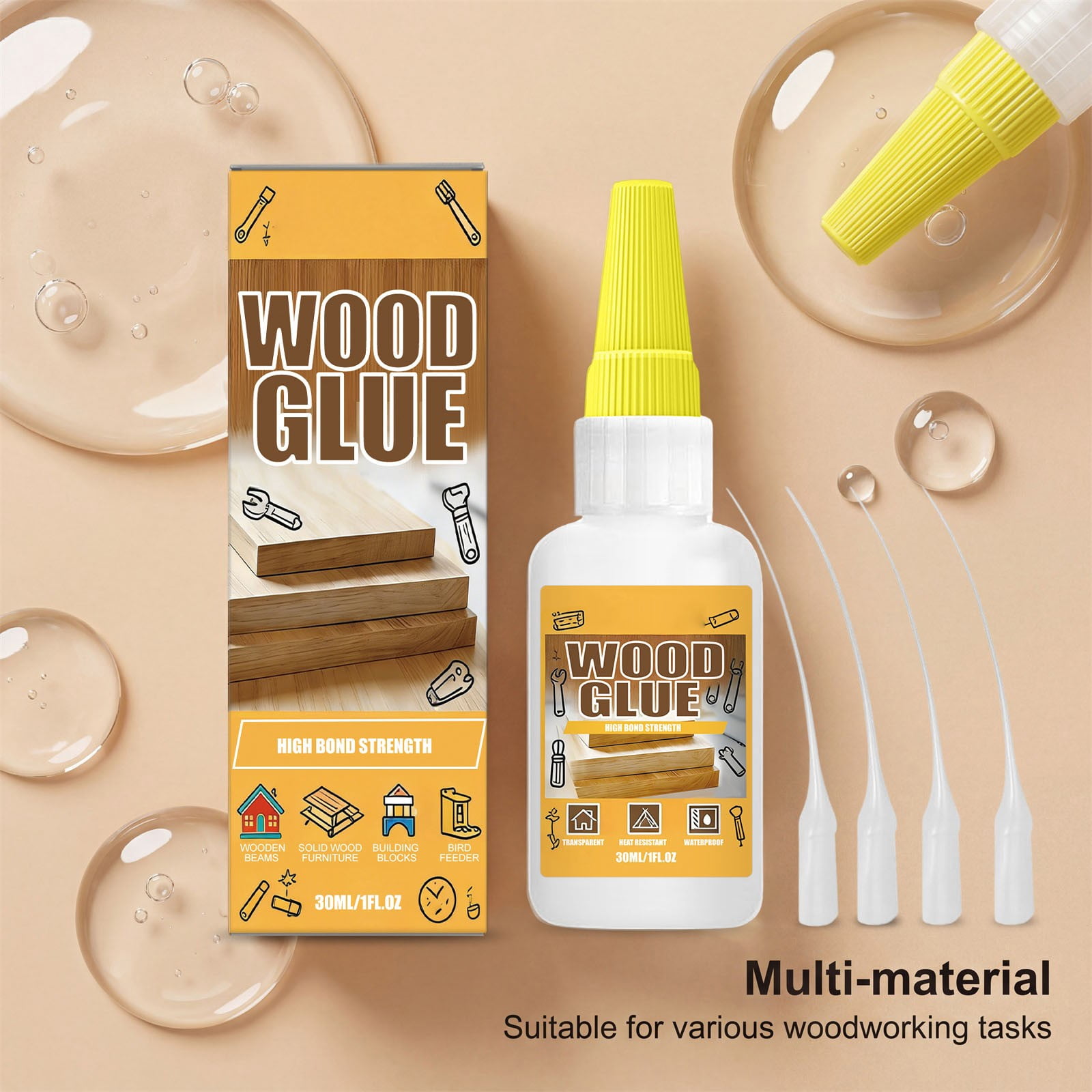 Strong wood glue transparent with precision tips, instant hold for woodworking