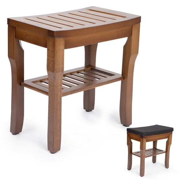 StrongTek Bamboo Shower Bench Seat with Cushion, Shower Stool with Storage Shelf, Lightweight, Non-Slip, Quick-Drain Design, 350 lbs Capacity, Ideal for Bathroom, Spa, Sauna, Living Room