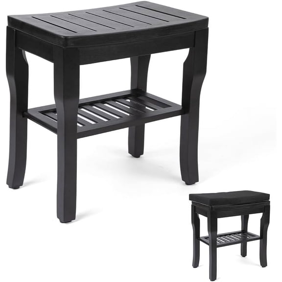 StrongTek Bamboo Shower Bench Seat with Cushion, Shower Stool with Storage Shelf, Non-Slip, 350 lbs Capacity, for Bathroom，SPA