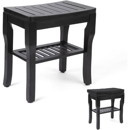 StrongTek Bamboo Shower Bench with Cushion & Storage Shelf, Non-Slip, 350 lbs, Bathroom Spa Stool, Home Use