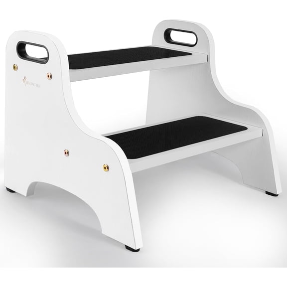 StrongTek Wood 2 Step Stool for Kids adult with Non-Slip Stepping Surface, Portable Handles, Heavy-Duty Support (White)