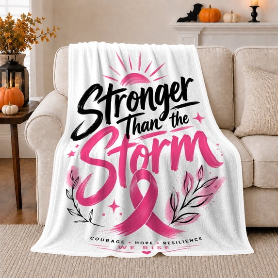 Stronger Than Storm Breast Cancer Awareness Motivational, Cozy Typography Art Scene, Warm Flannel Blanket for Living Room and Reading Nook, Art Lovers Encouragement Gift, Artistic Home Decor