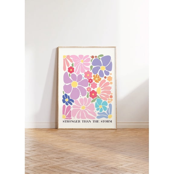 Stronger Than The Storm Poster, Boho Hippie Poster, Positive Quote Poster, Mindful Posters, Inspirational Poster, Retro Boho Floral Art, Stretched Canvas Size 16x24