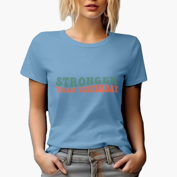 Stronger Than Yesterday, Motivational Quote About Growing Stronger, Groovy Retro Wavy Text Merch Gift, Baby Blue T-Shirt, Small