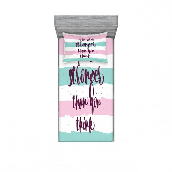 Your are Stronger than You Think Bedding Set with Sheet & Covers, Watercolor Striped Inspiration Typography Yoga, Printed Bedroom Decor 2 Shams, 4 Sizes, Pale Pink Seafoam Plum, by Ambesonne