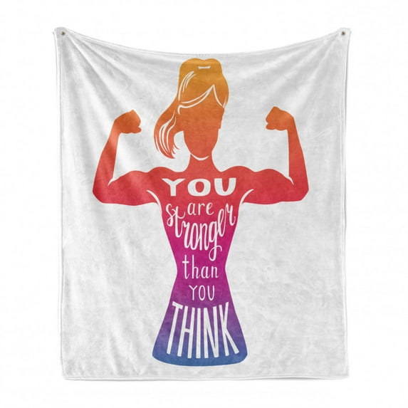 Your are Stronger than You Think Soft Flannel Fleece Throw Blanket, Woman Girl Doing Bicep Curl Motivation Calligraphy, Cozy Plush for Indoor and Outdoor Use, 50" x 60", Multicolor, by Ambesonne