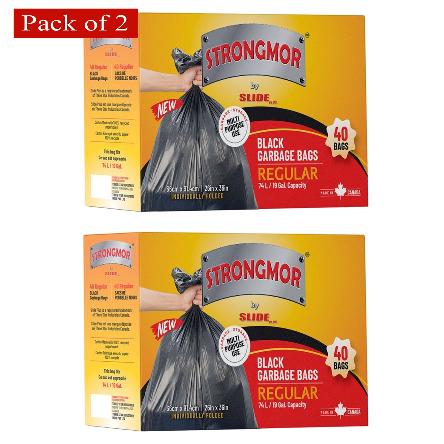Strongmor Garbage Bags Single Folded Black 26x36 in, 40 Count (Pack of 2)
