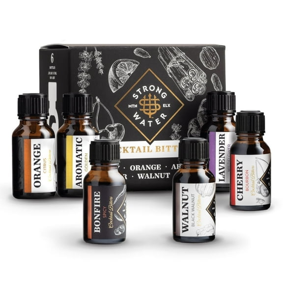 Strongwater Cocktail Bitters Sampler Set - Cocktail Bitters Set Makes 48 Cocktails - Bitters Gift Set w/ Cherry, Lavender, Bonfire, Orange, Aromatic, Walnut, Orange Bitters - 6 Bottles, 0.5 Fl Oz
