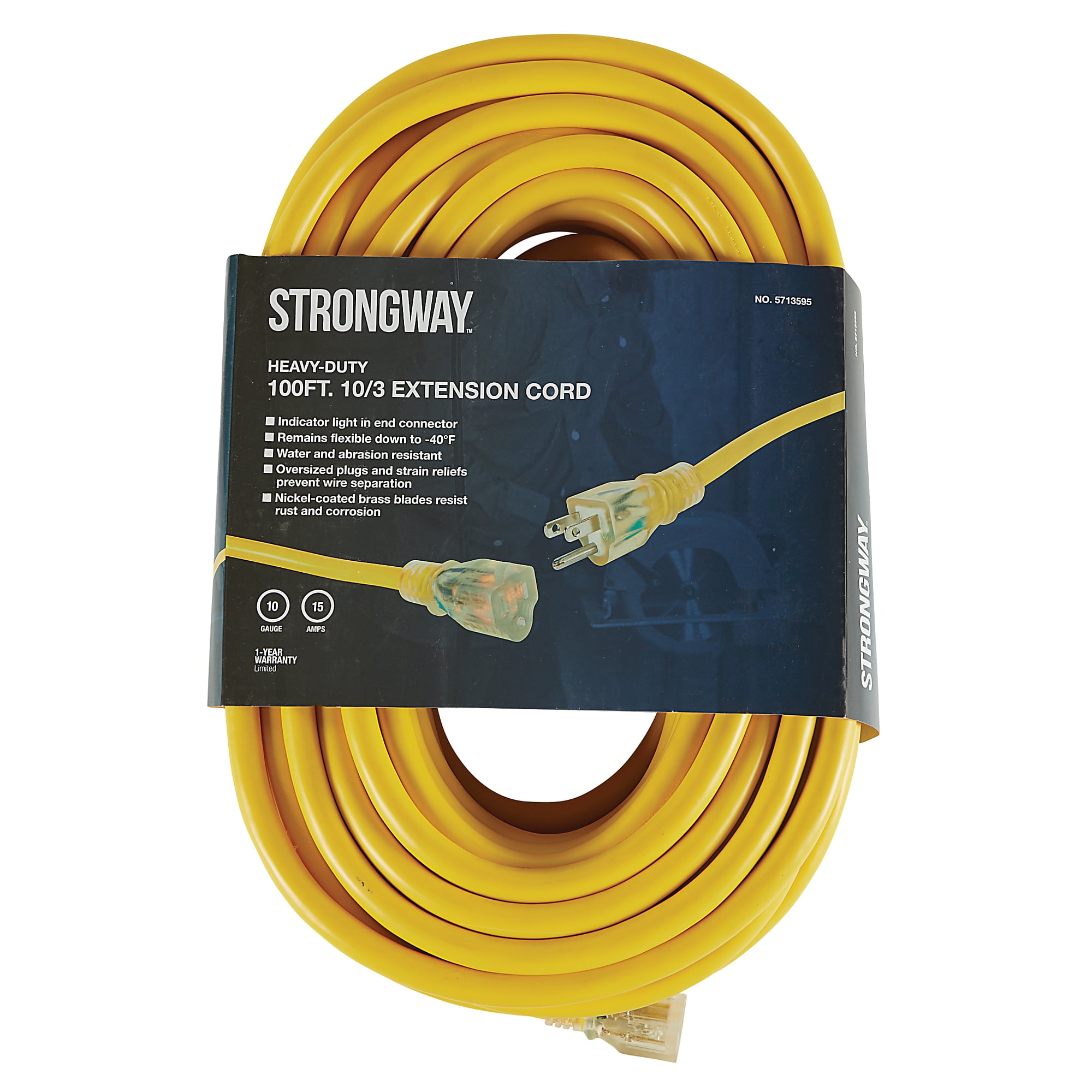 Strongway Outdoor Extension Cord, 100ft., 10/3 Gauge, 15 Amps, 3-Prong Grounded Plug, Extra Heavy Duty, Yellow