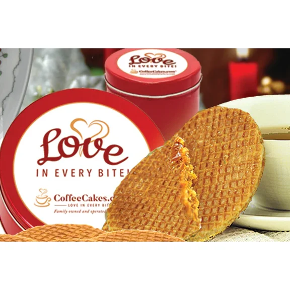 CoffeeCakes Premium Caramel Stroopwafel Cookies in Signature Red Tin 2LB Crispy Waffles with Buttery Caramel Syrup, Snack or Gift