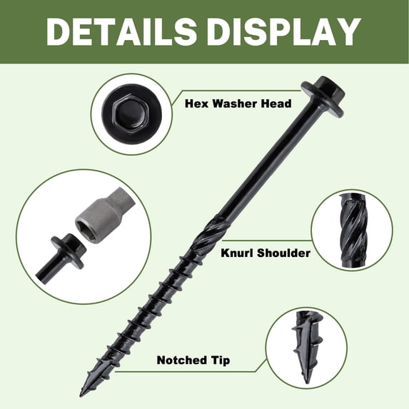 Structural Wood Lag Screws 8 Inch, 60-PCS, #14 X 8, Heavy Duty Rust Resistant Hex Head Exterior Timber Screw for Log/Landscape, Hex Socket Included, Black