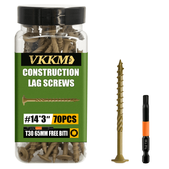 Structural Wood Screws, 70Pcs #14 x 3 inch Heavy Duty Rust Resistant Lag Screws, Torx Star Drive Tan Coated Exterior Construction Screws for Decks, Fences, Framing, Comes with Matching Bit