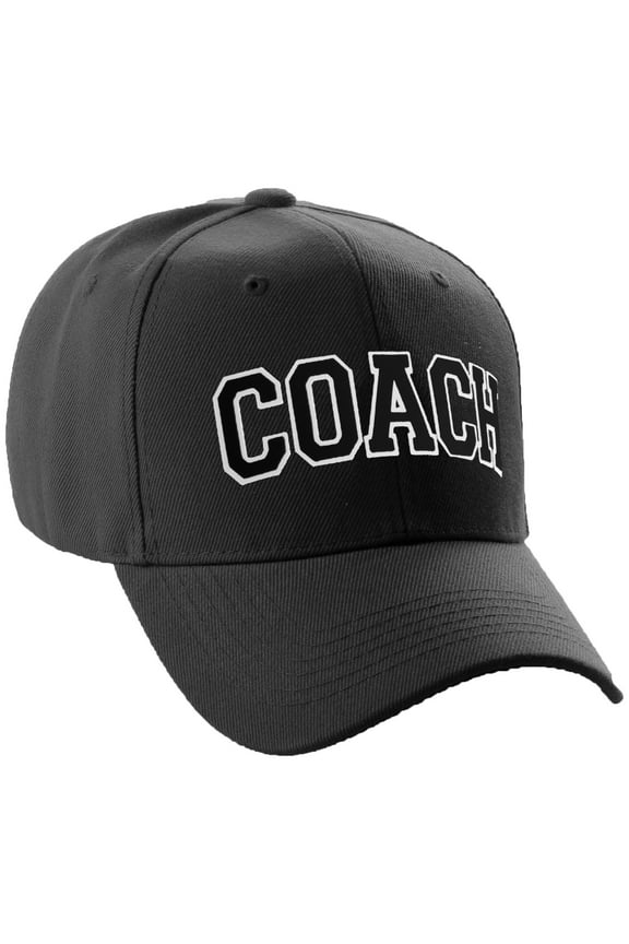Structured Baseball Hat Classic Team Coach Arched Letters Adjustable Curved Cap, Black Hat White Black Letters