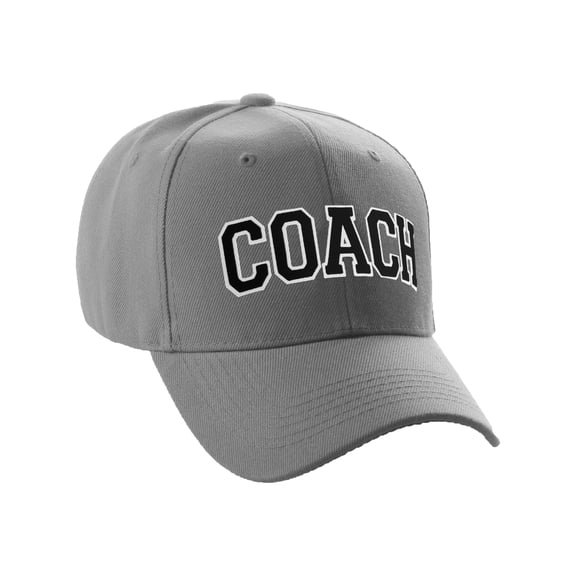 Structured Baseball Hat Classic Team Coach Arched Letters Adjustable Curved Cap, Grey Hat White Black Letters